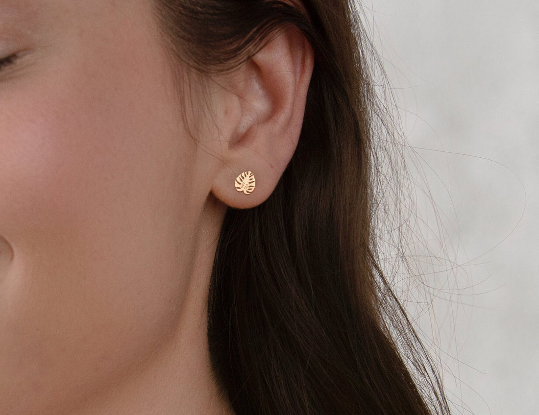 Gold Monstera Leaf Stud Earrings