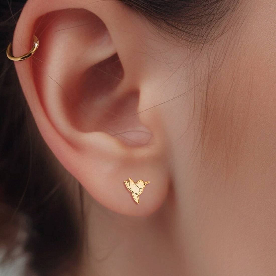 Cute Hummingbird Gold Stud Earrings