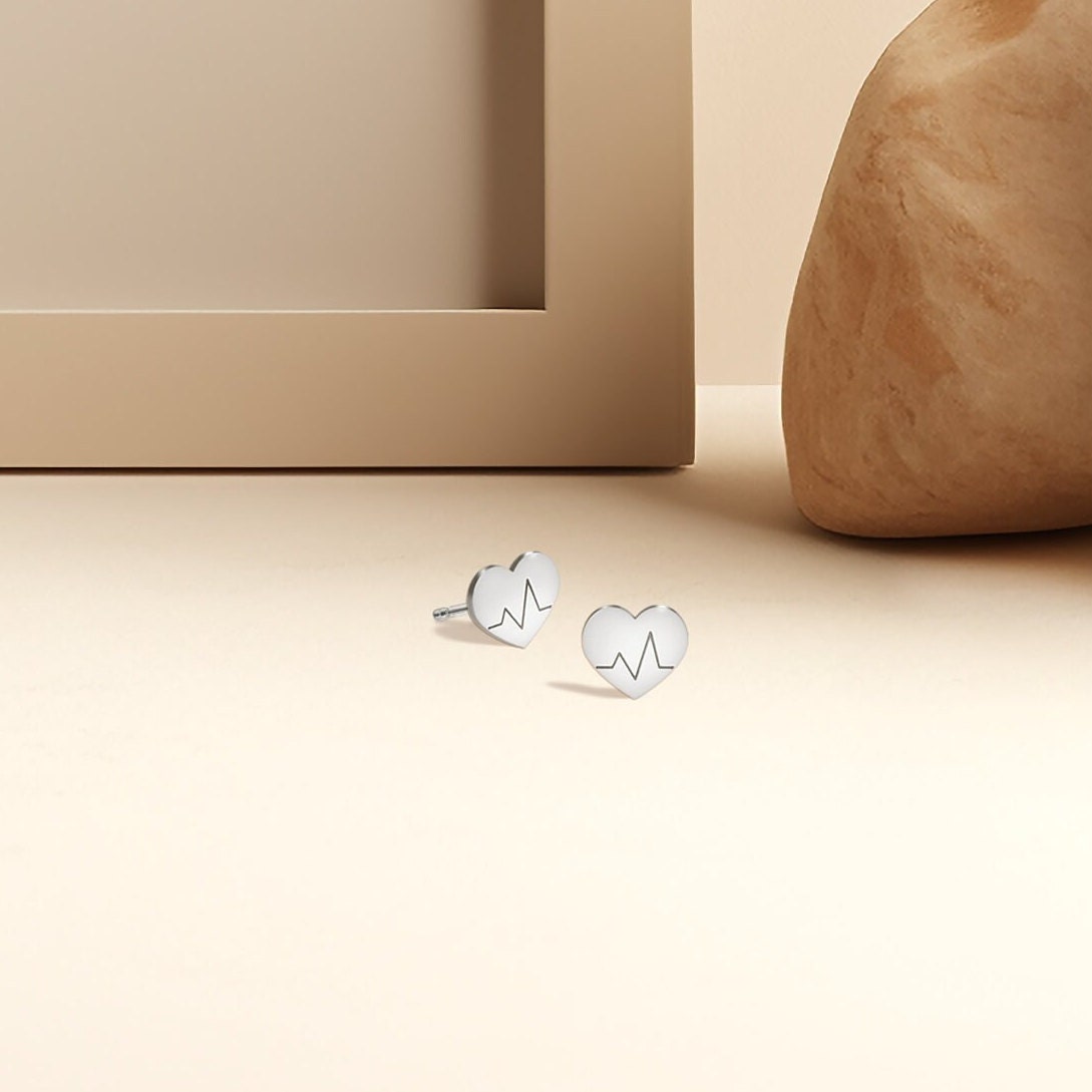 Gold Heartbeat Charm Stud Earrings