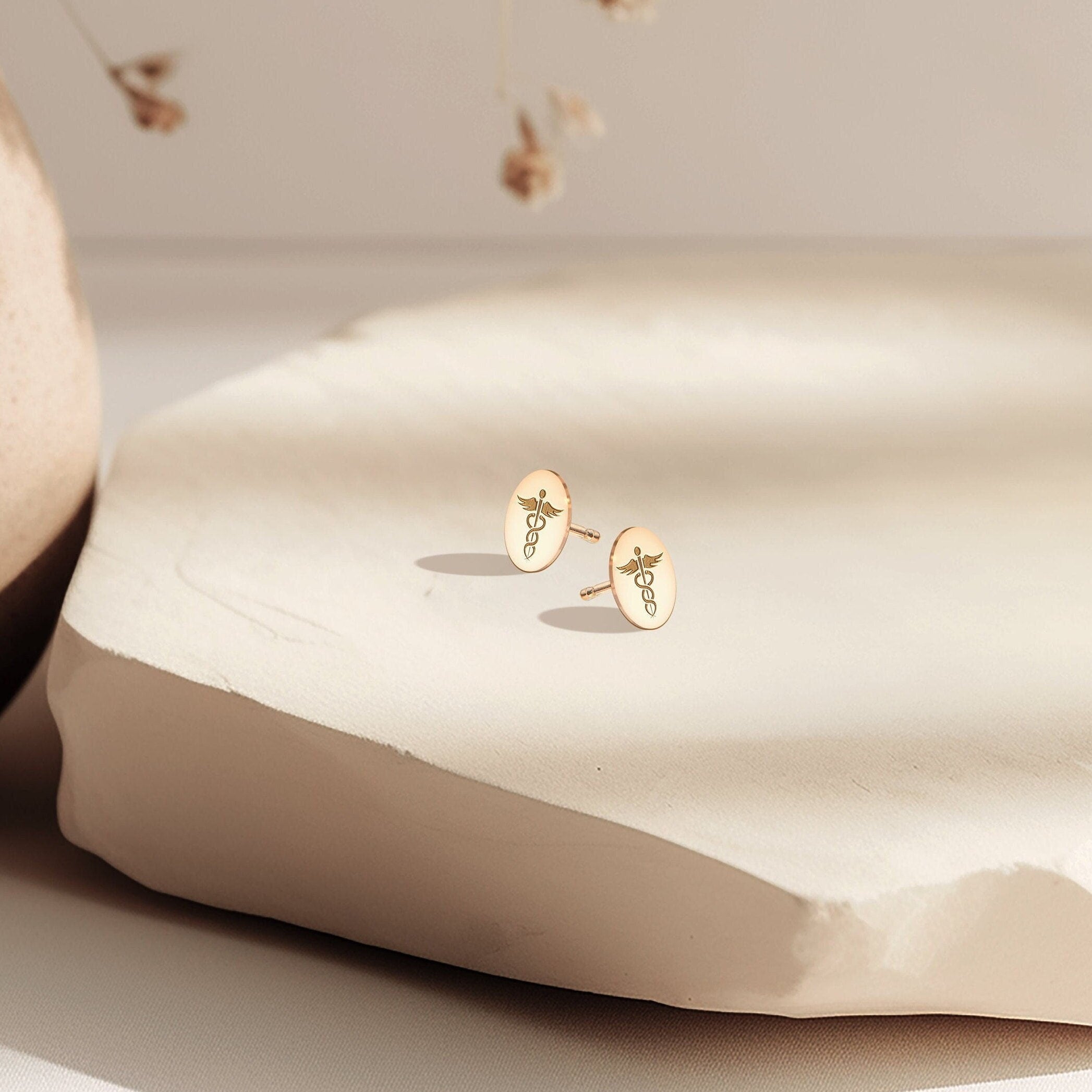 Oval Caduceus Stud Earrings