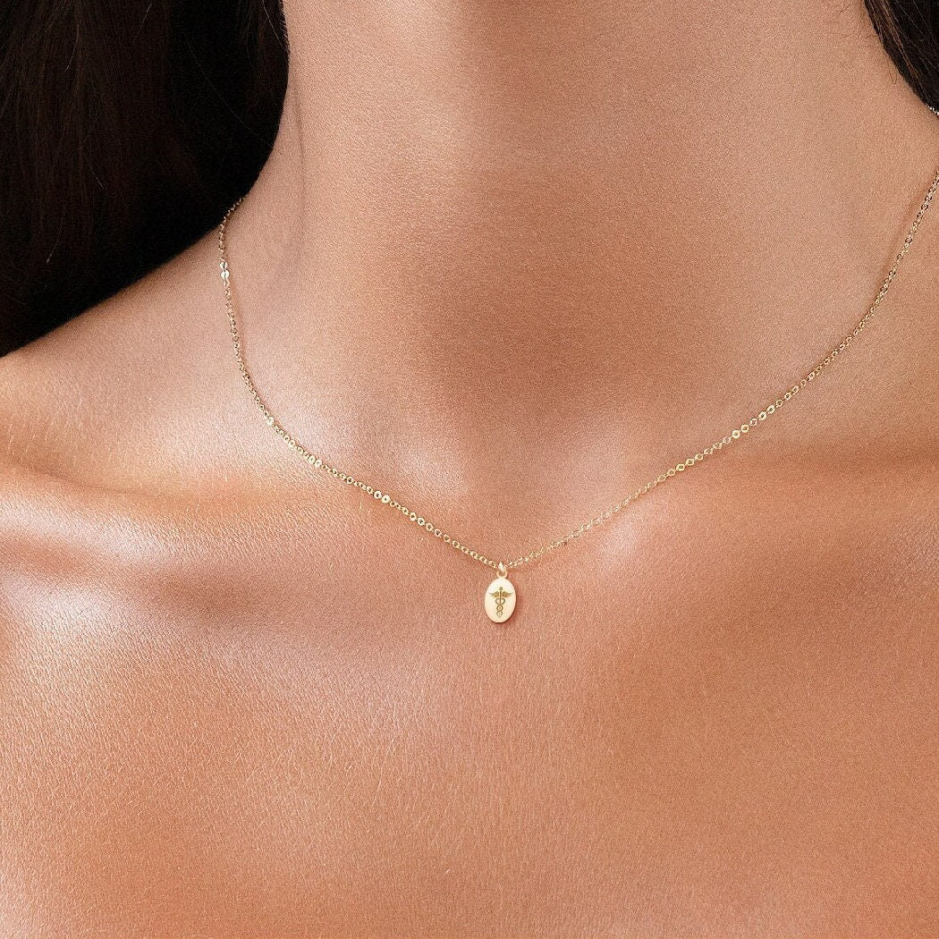 Oval Disc Caduceus Necklace