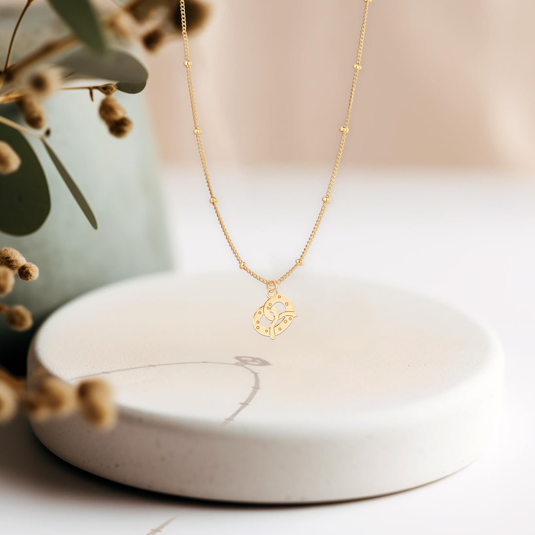 Pretzel Charm Pendant Beady Necklace