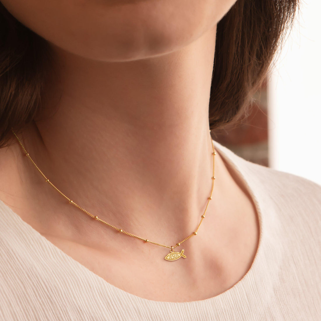 Jesus Fish Left Beady Necklace