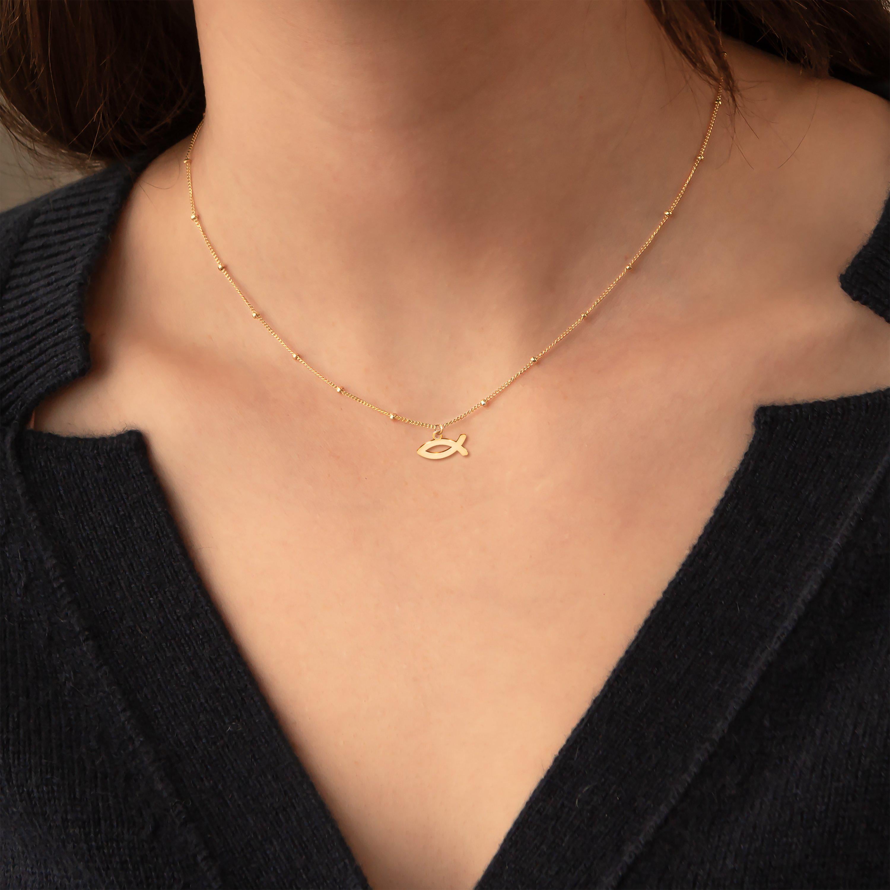 Jesus Fish Cutout Pendant Beady Necklace