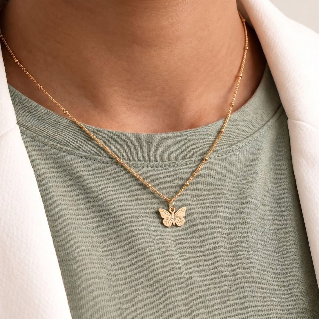 Butterfly Silhouette Charm Beady Necklace