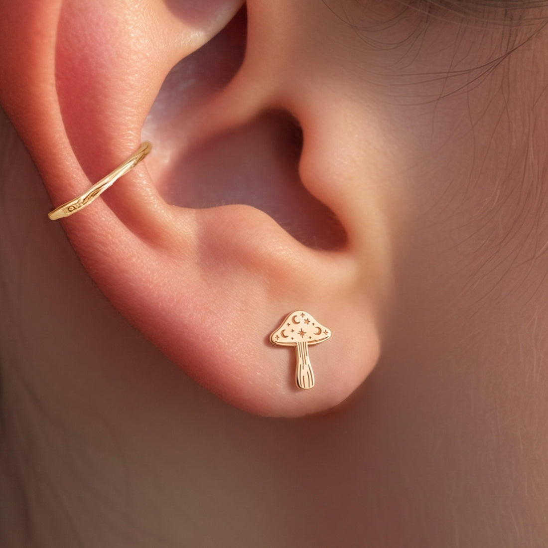 Moon Mushroom Charm Stud Earrings