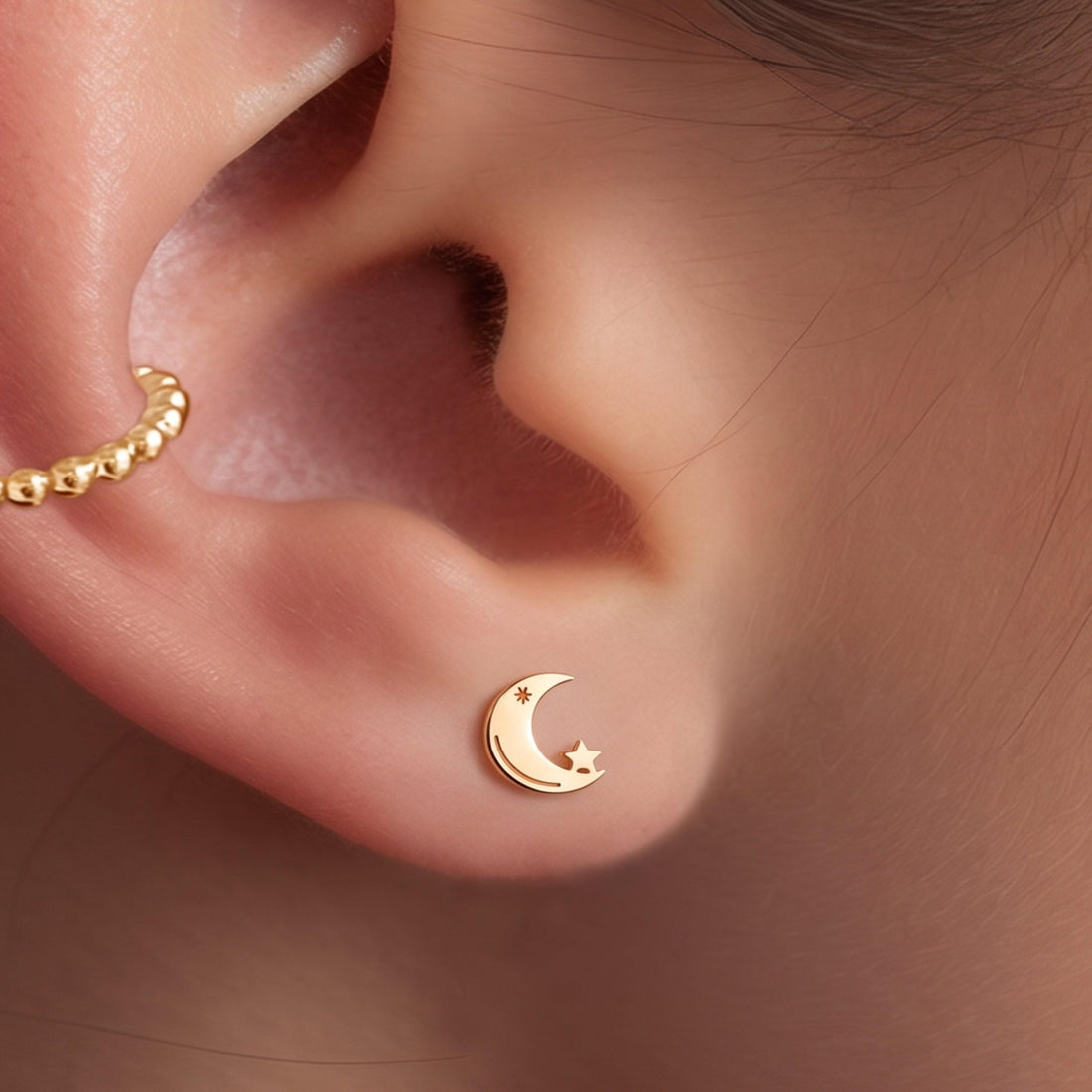 Crescent Moon Star Stud Earrings