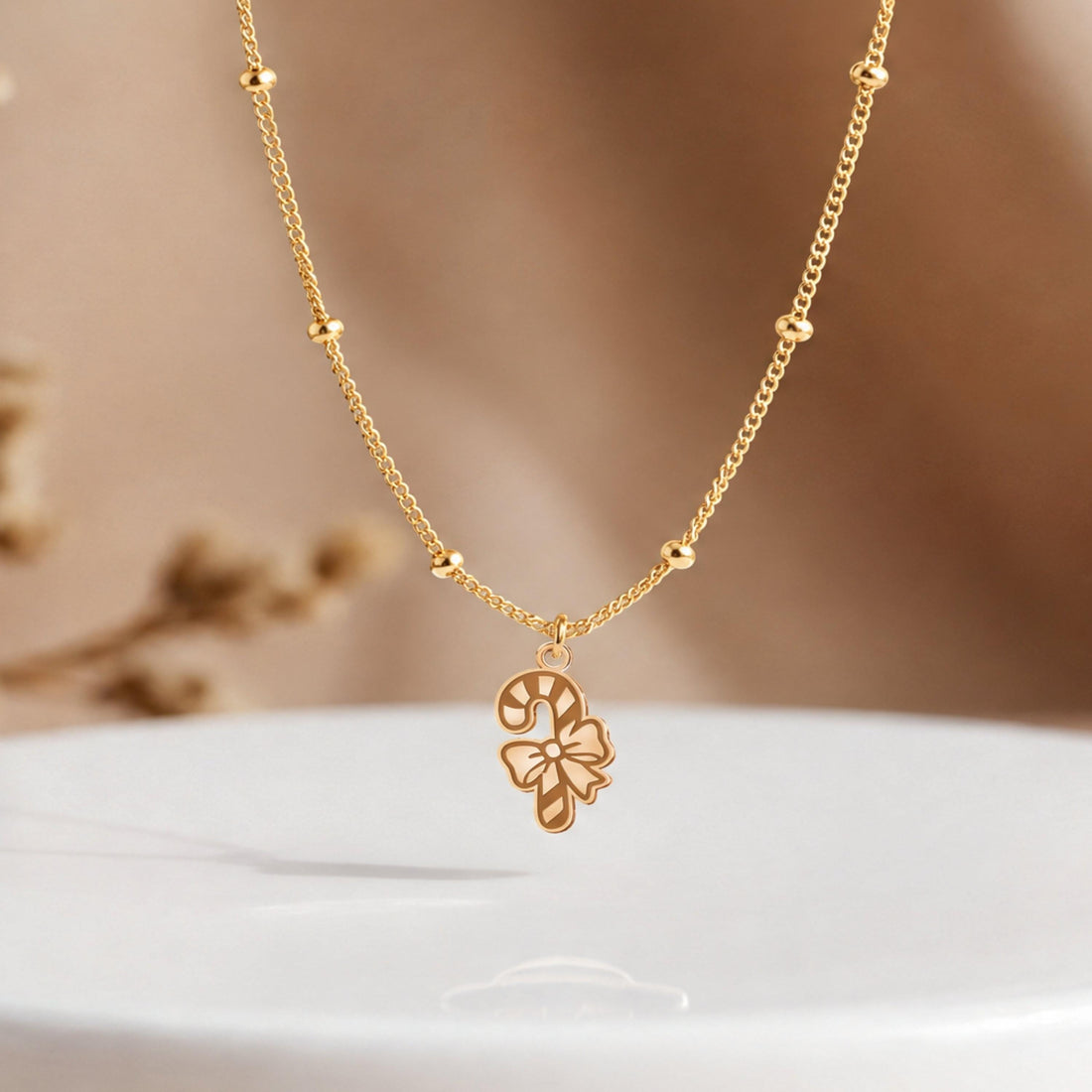 Candy Cane Bow Charm Necklace