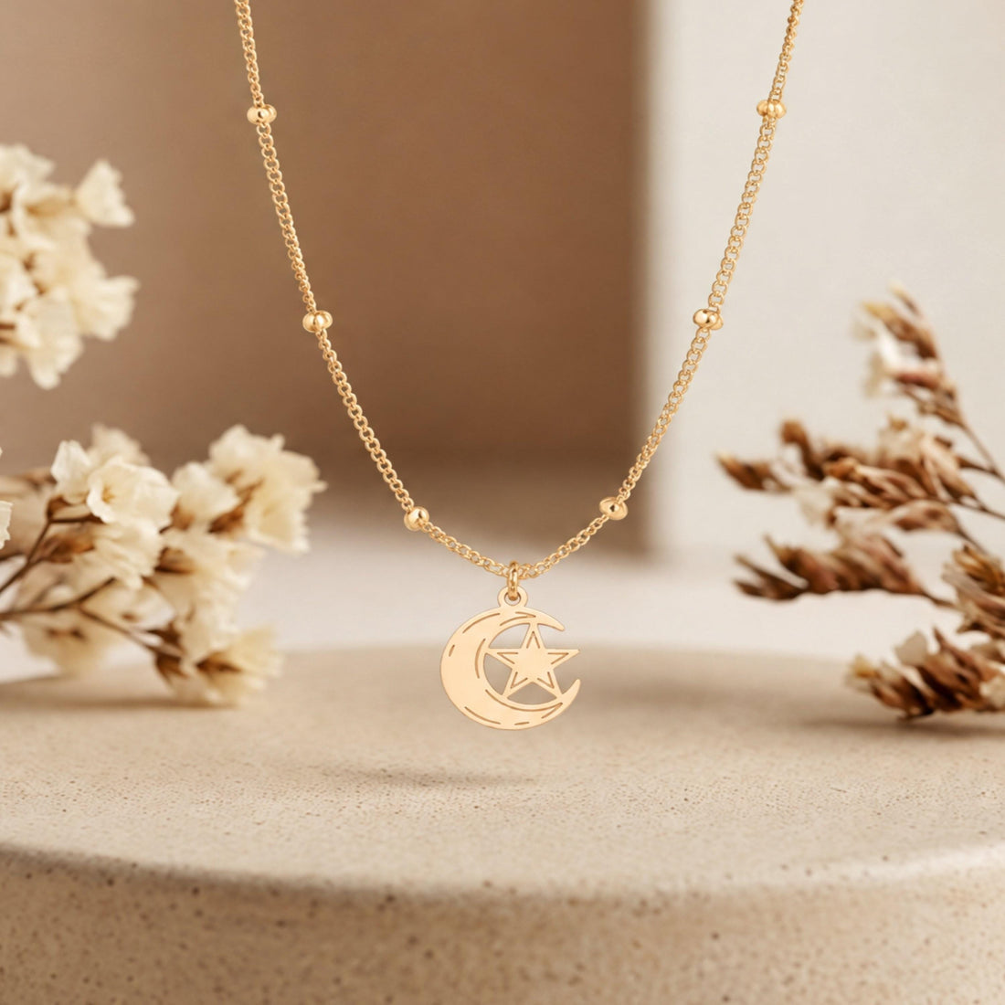 Crescent Moon Star Charm Necklace