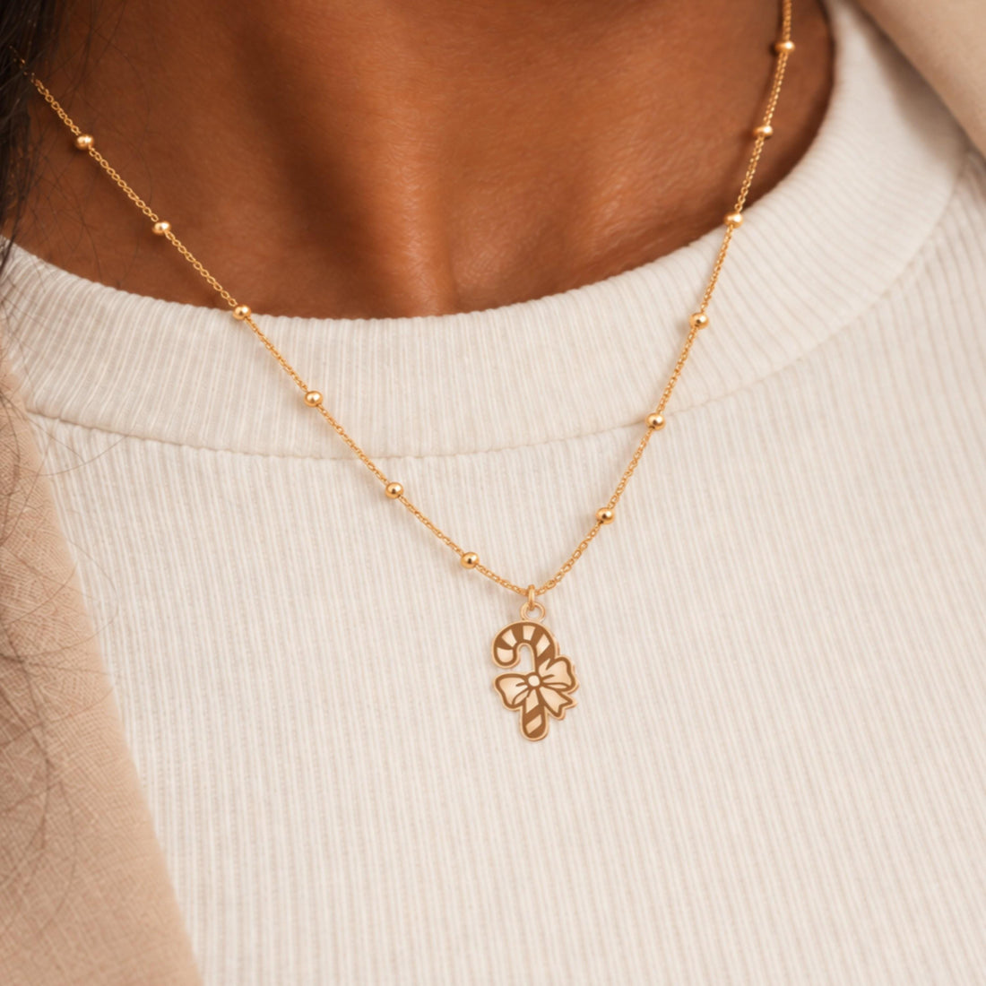 Candy Cane Bow Charm Necklace