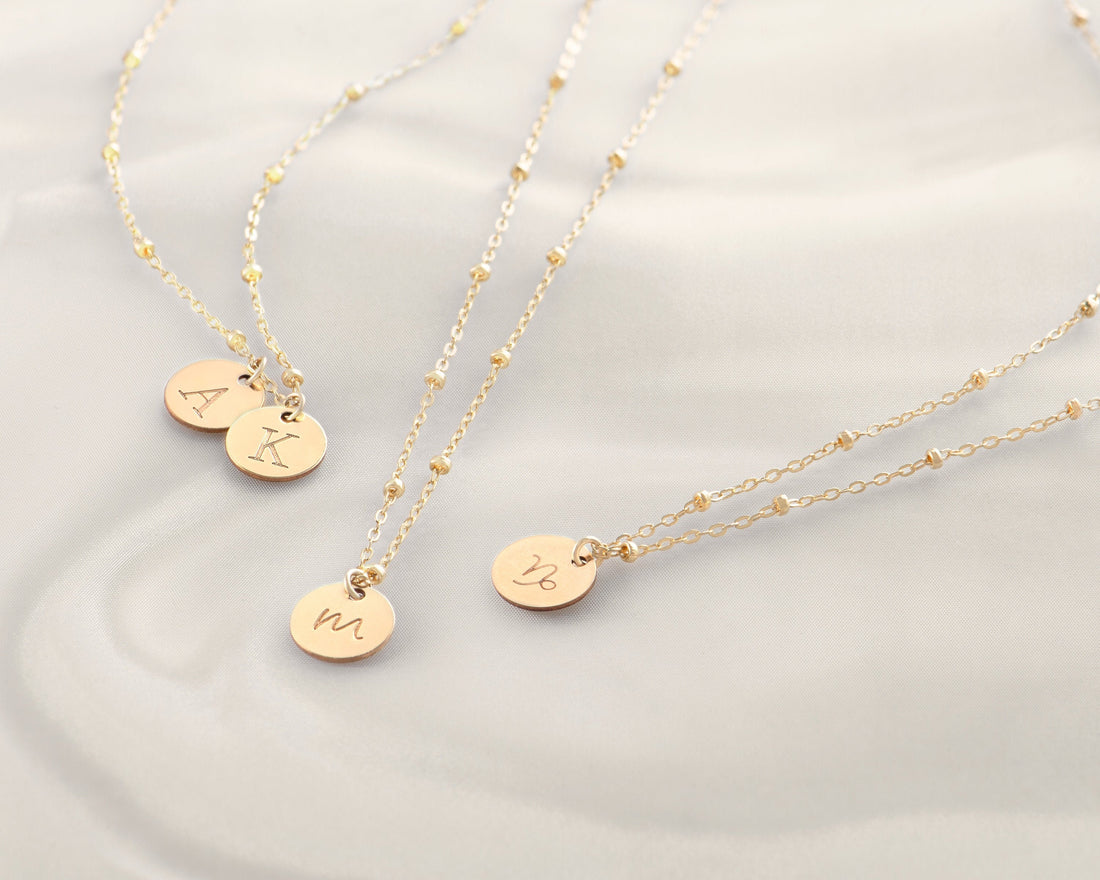 Initial Disc Pendant Beady Necklace
