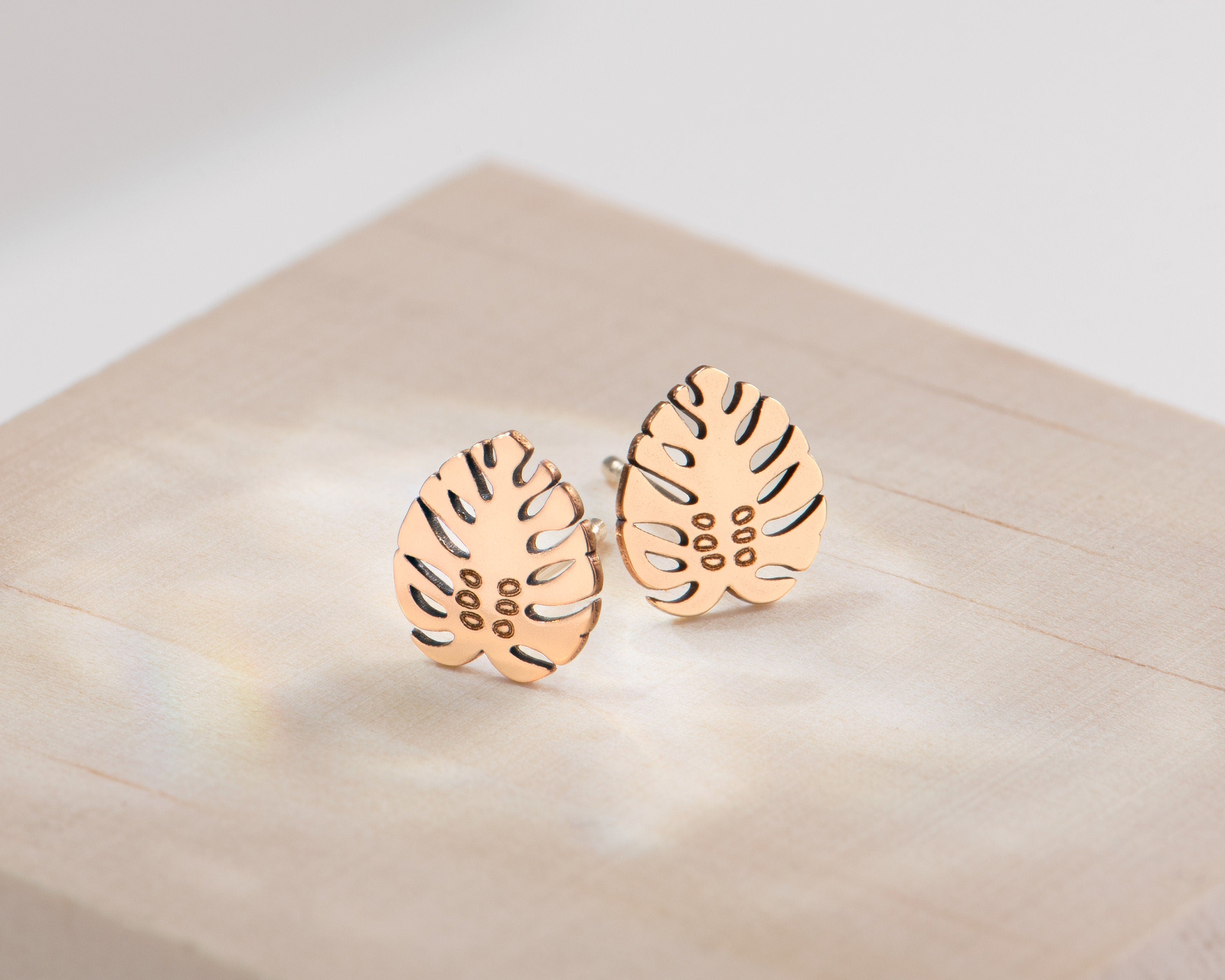 Gold Monstera Leaf Stud Earrings
