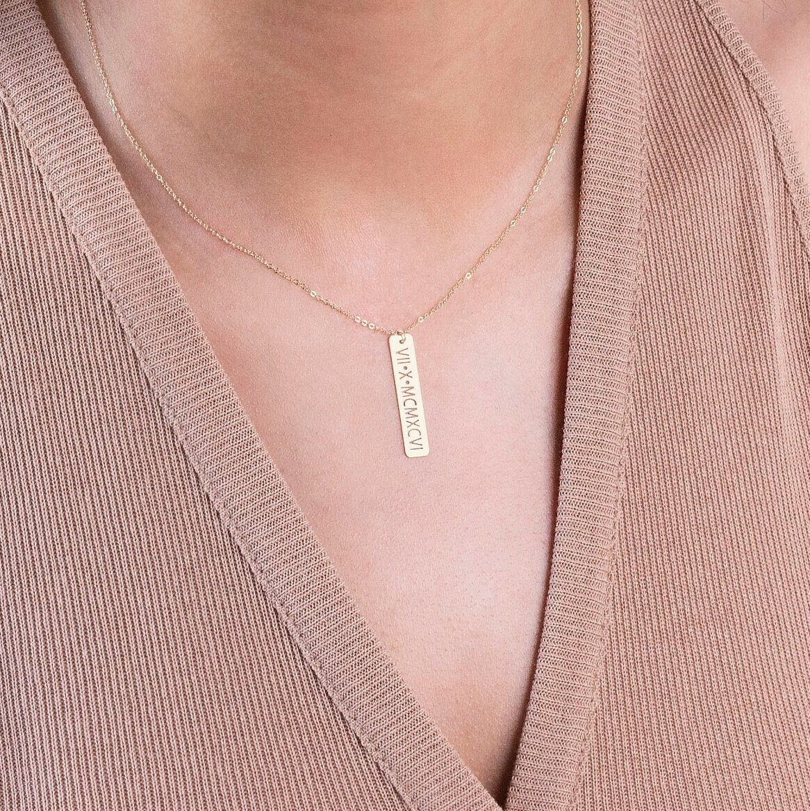 Vertical Roman Numeral Bar Necklace Set of 2