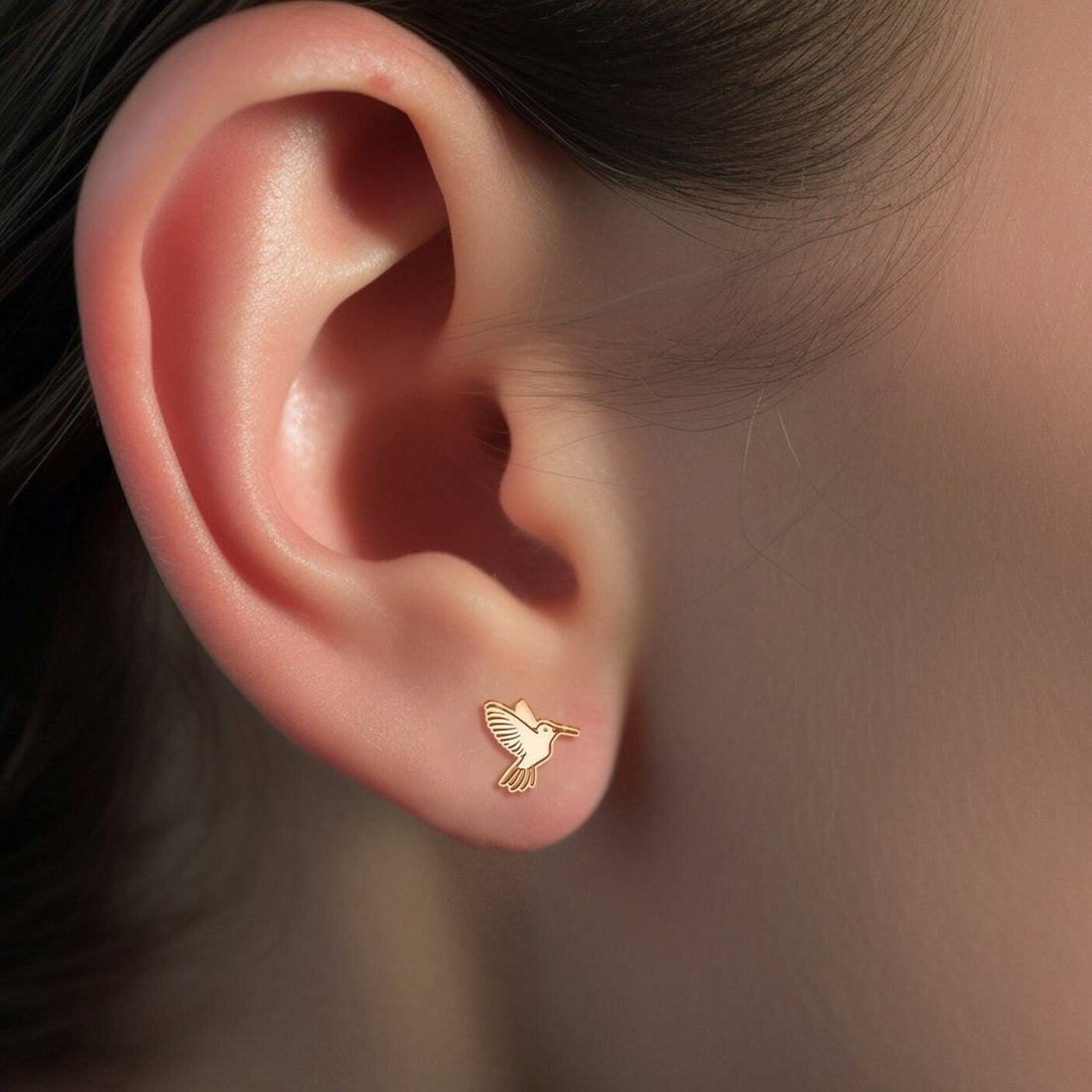 Gold Dainty Hummingbird Charm Stud Earrings