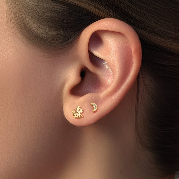 Gold Winged Bee Charm Stud Earrings