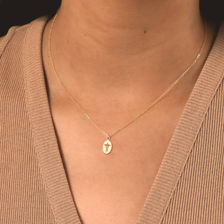 Dainty Oval Disc Caduceus Necklace