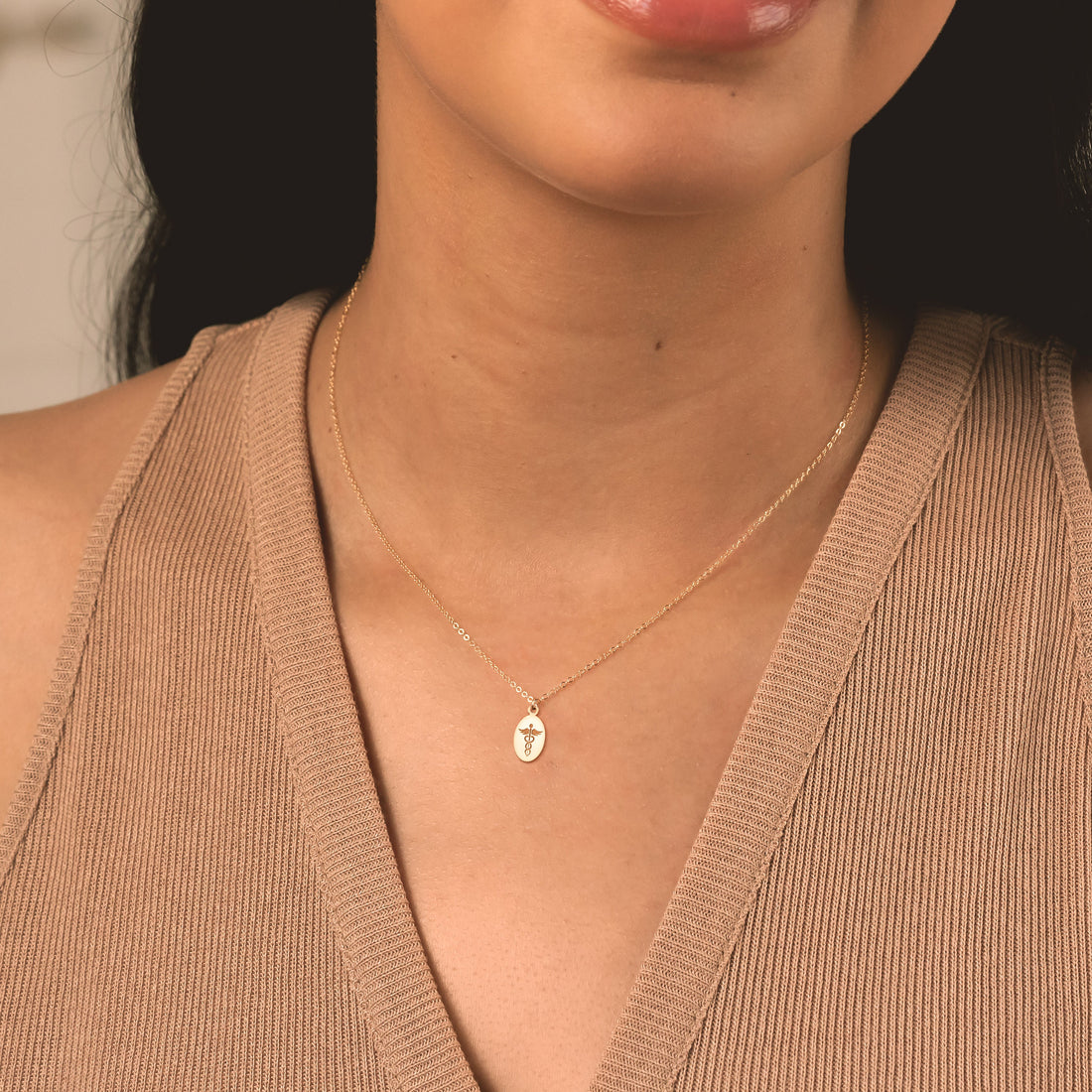 Oval Disc Caduceus Necklace