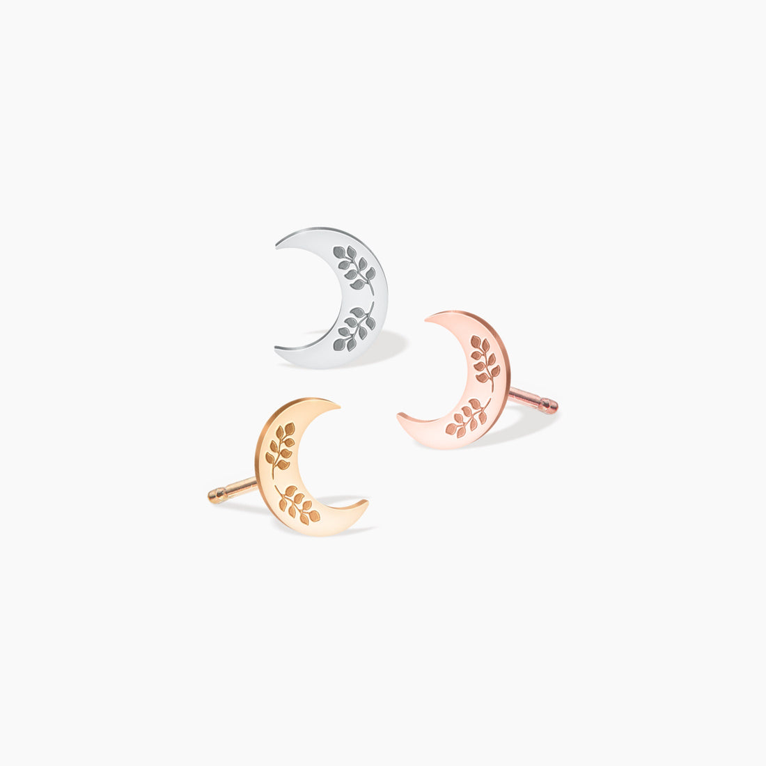 Crescent Moon & Leaf Stud Earrings