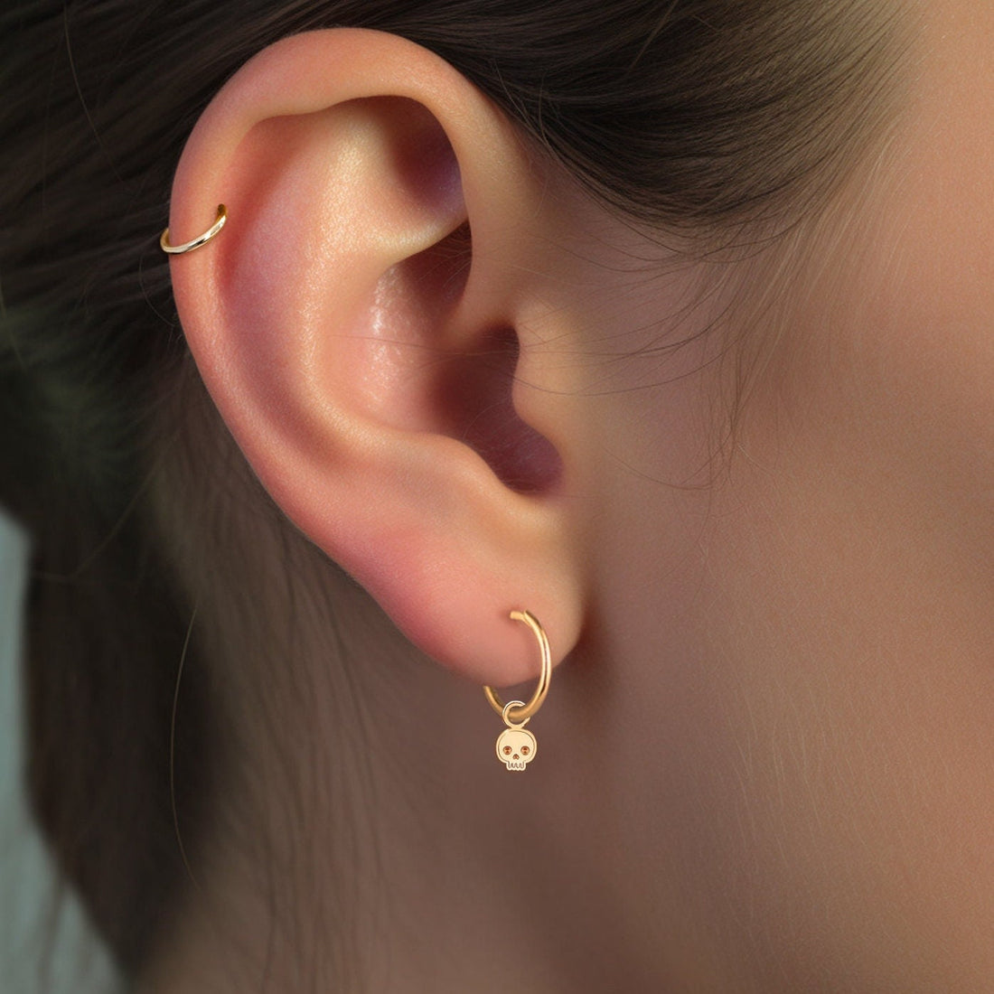 Tiny Skull Charm Hoops Earrings