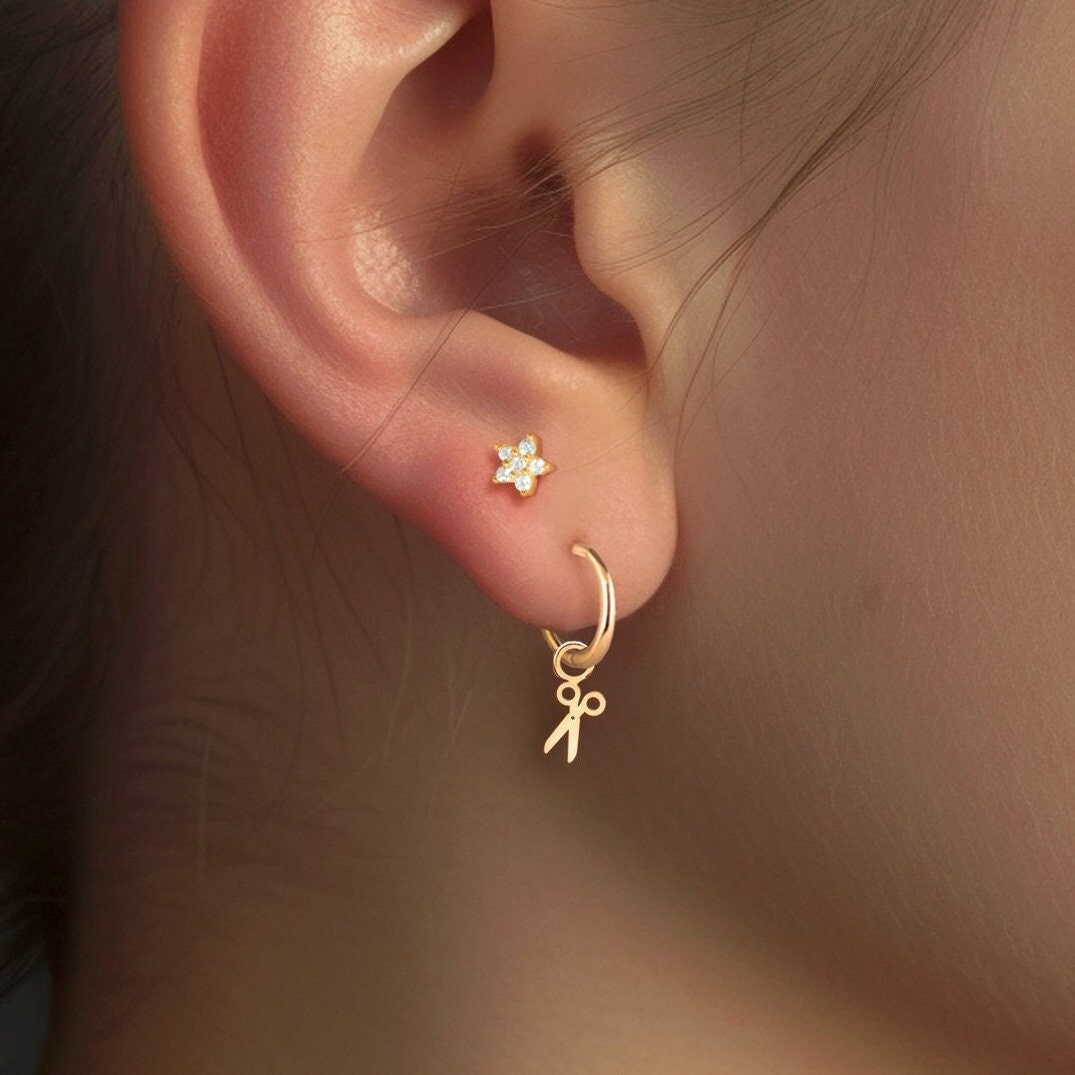 Scissor Charm Huggie Hoop Earrings - Gold Vermeil, Sterling Silver, Solid 14k Gold | Crafty Jewelry