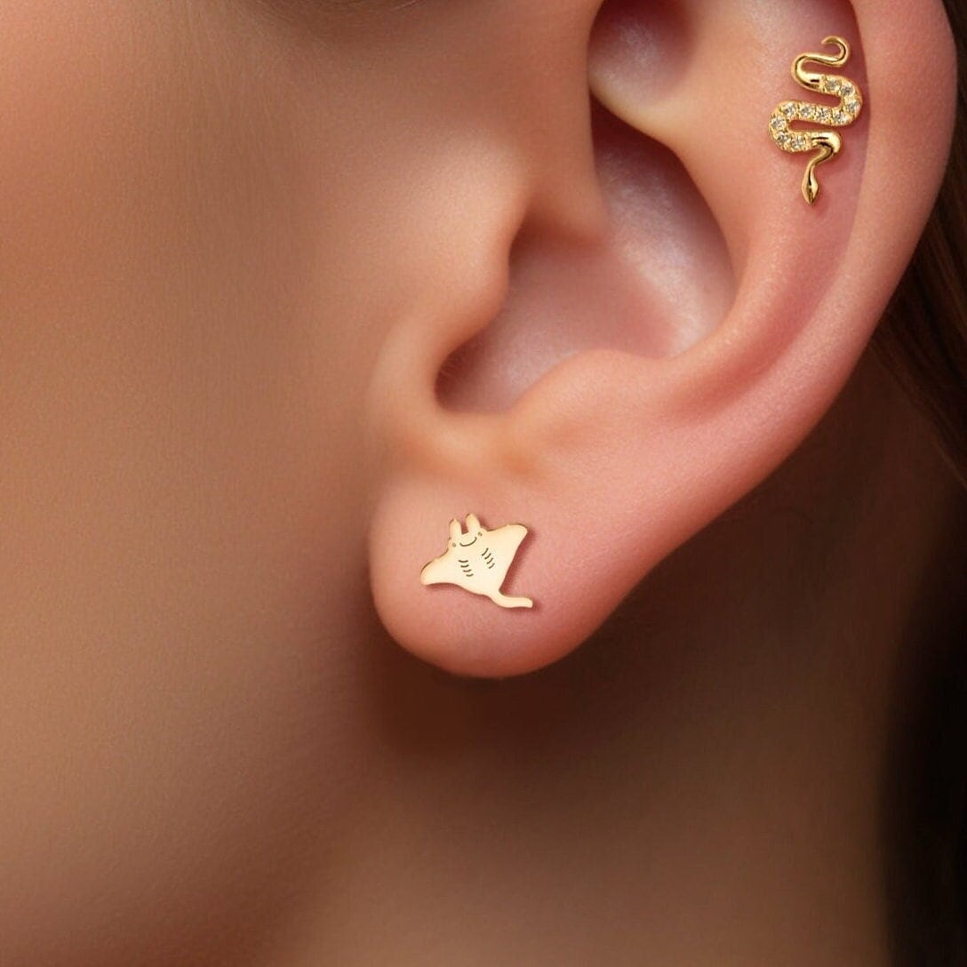 Manta Ray Charm Stud Earrings