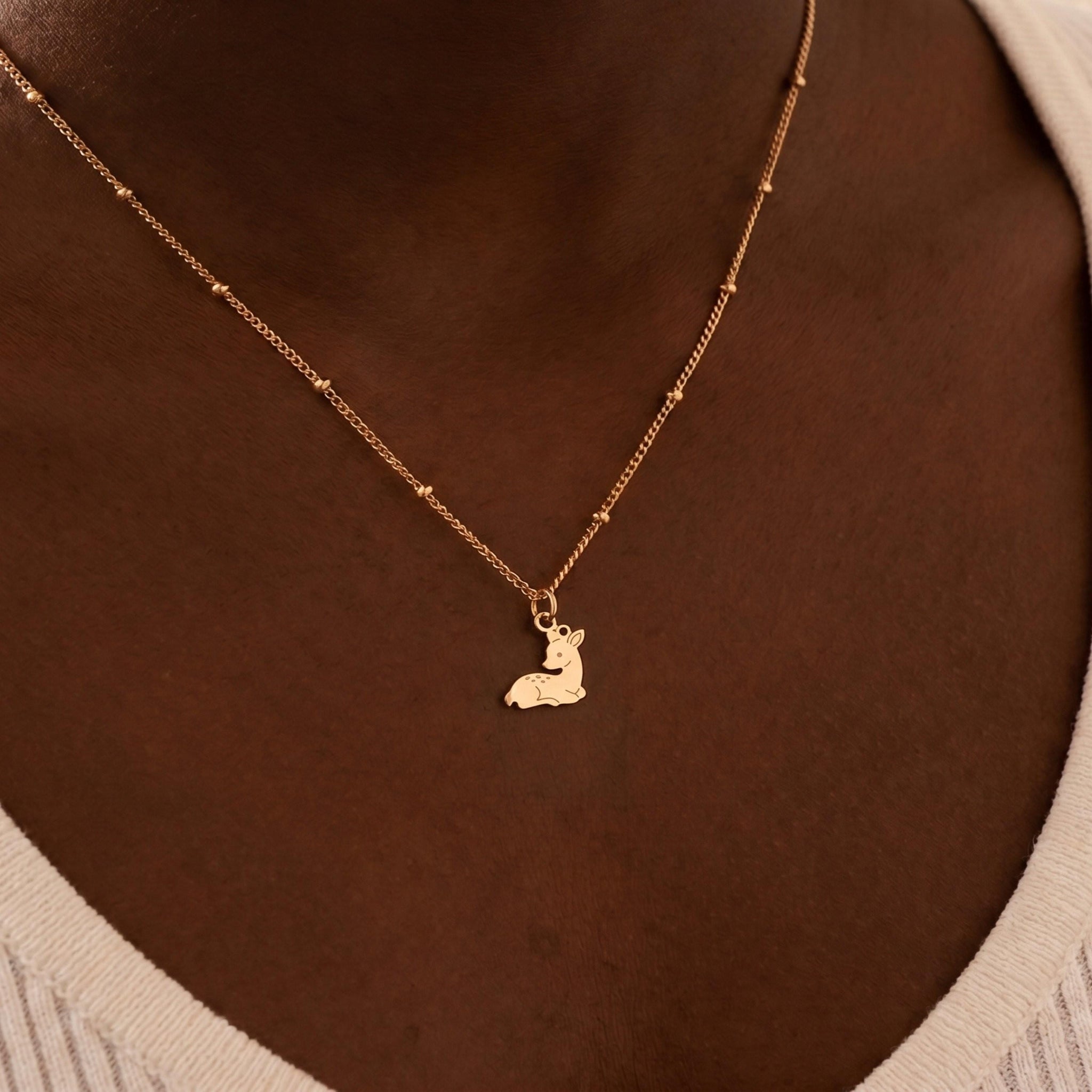 Sitting Deer Charm Beady Necklace