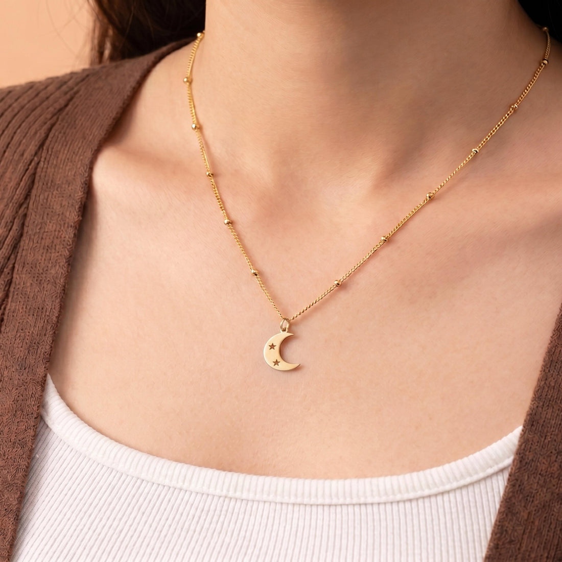 Crescent Moon Star Beaded Necklace