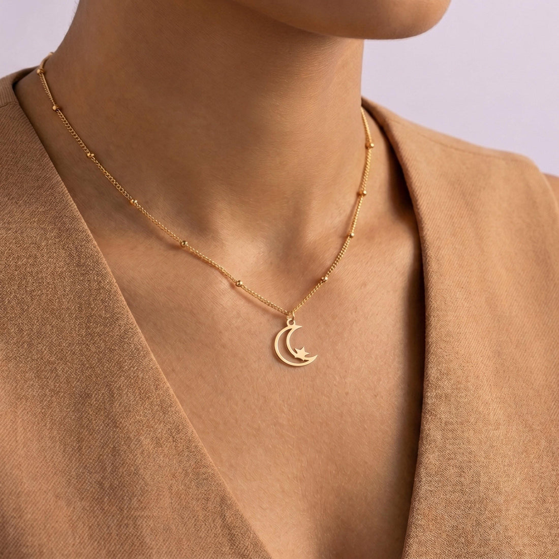 Crescent Moon Star Beady Necklace