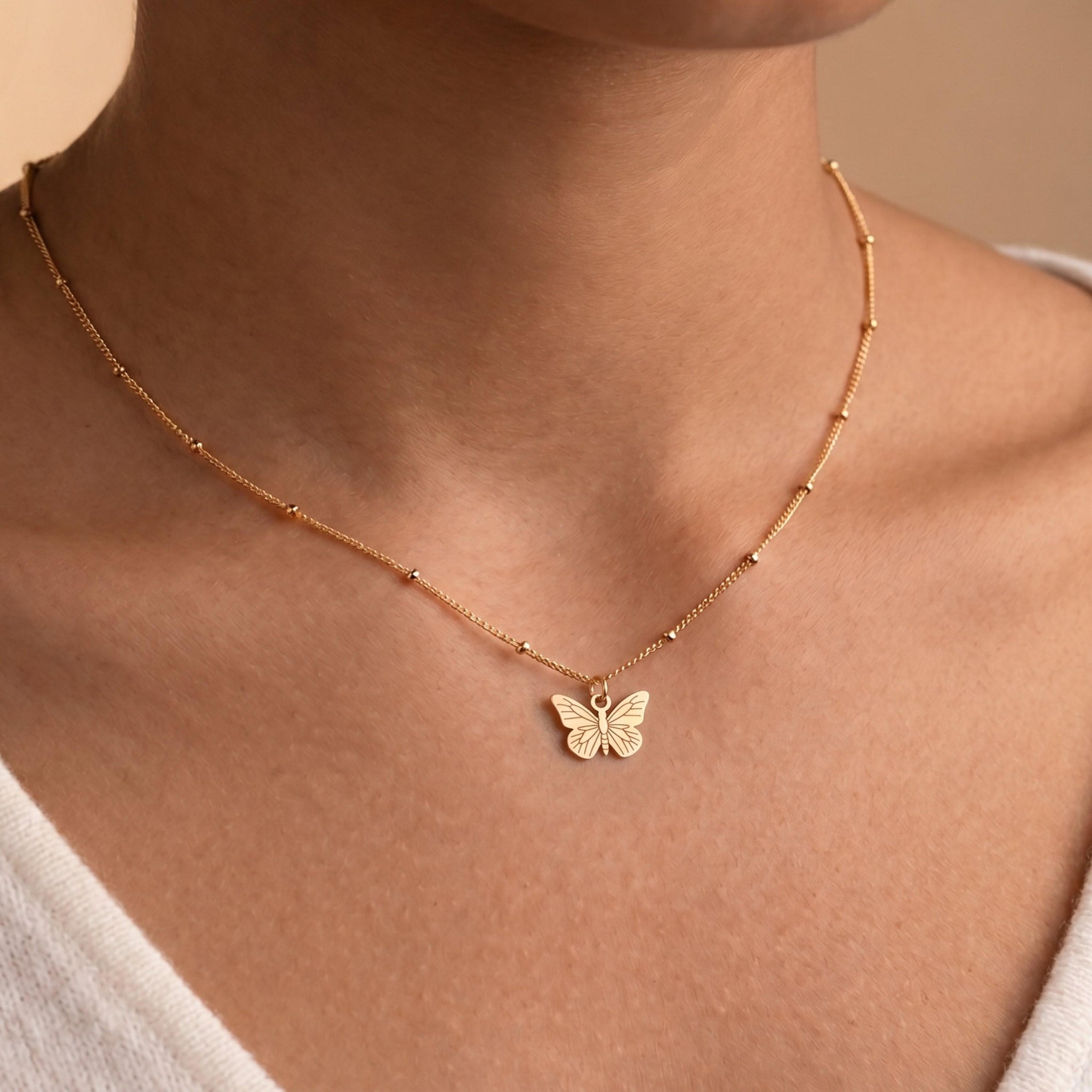 Butterfly Silhouette Charm Beady Necklace