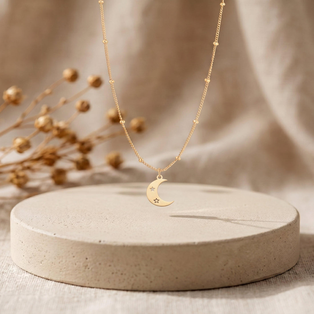Crescent Moon Star Beaded Necklace