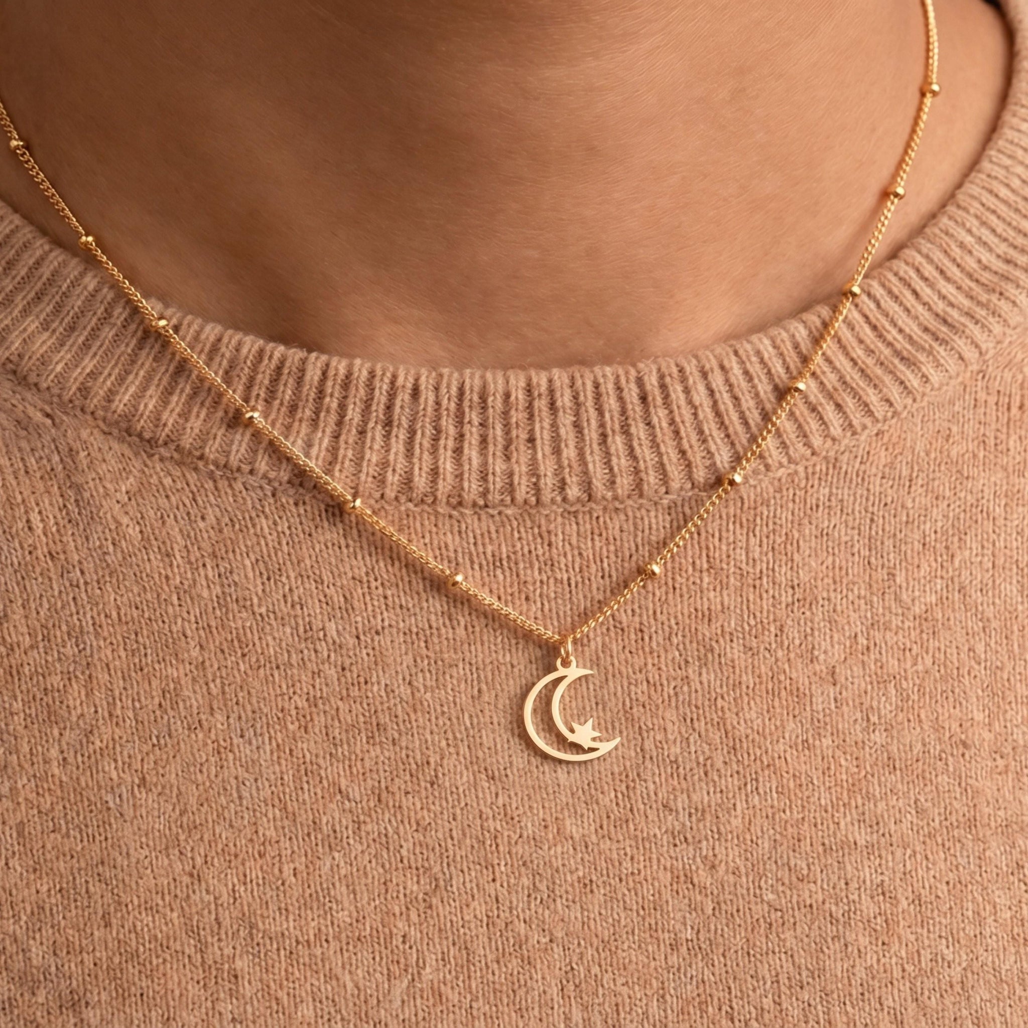Crescent Moon Star Beady Necklace