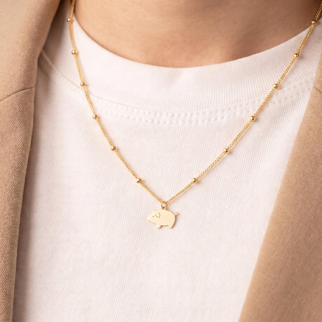 Pig Charm Beady Necklace