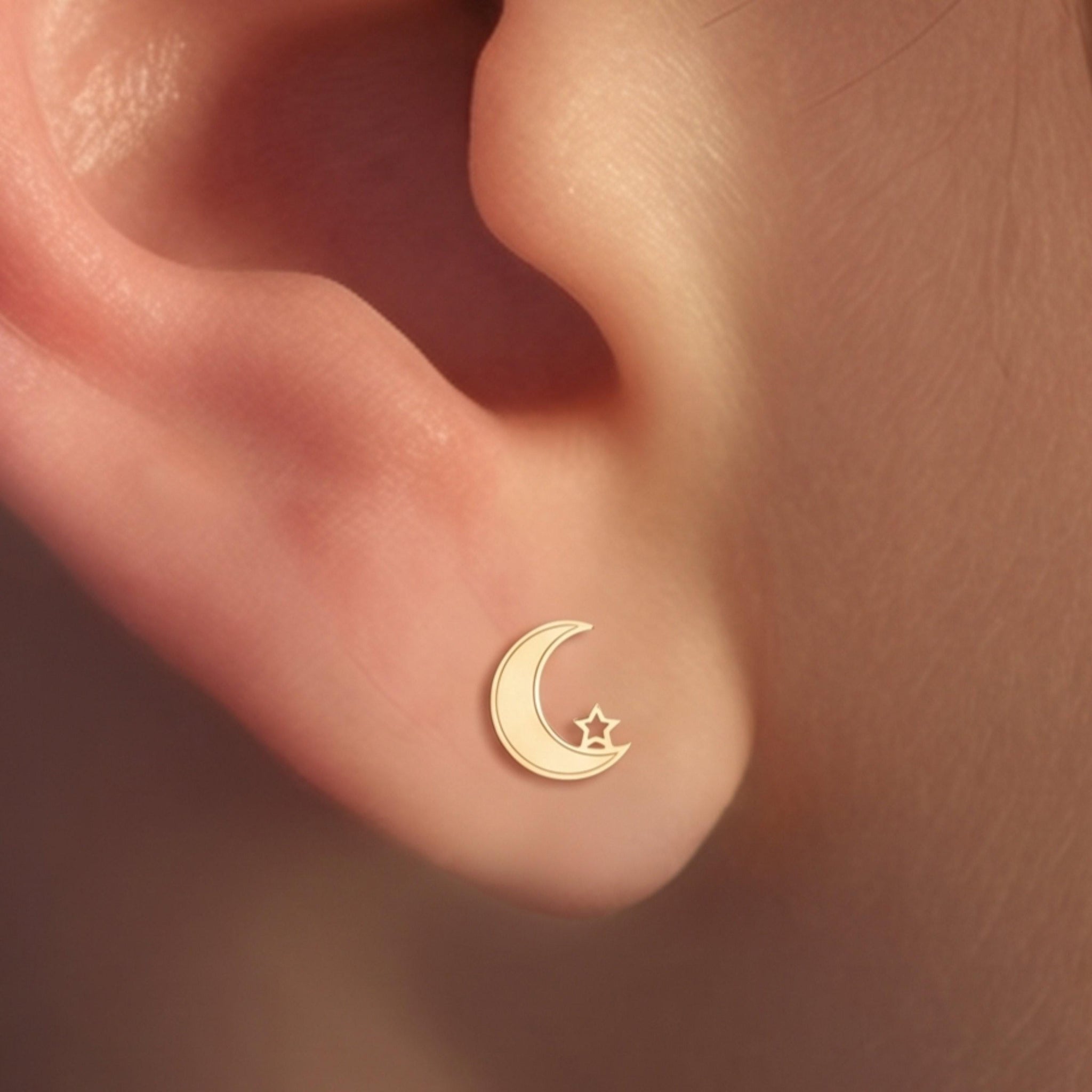 Crescent Moon Star Stud Earrings