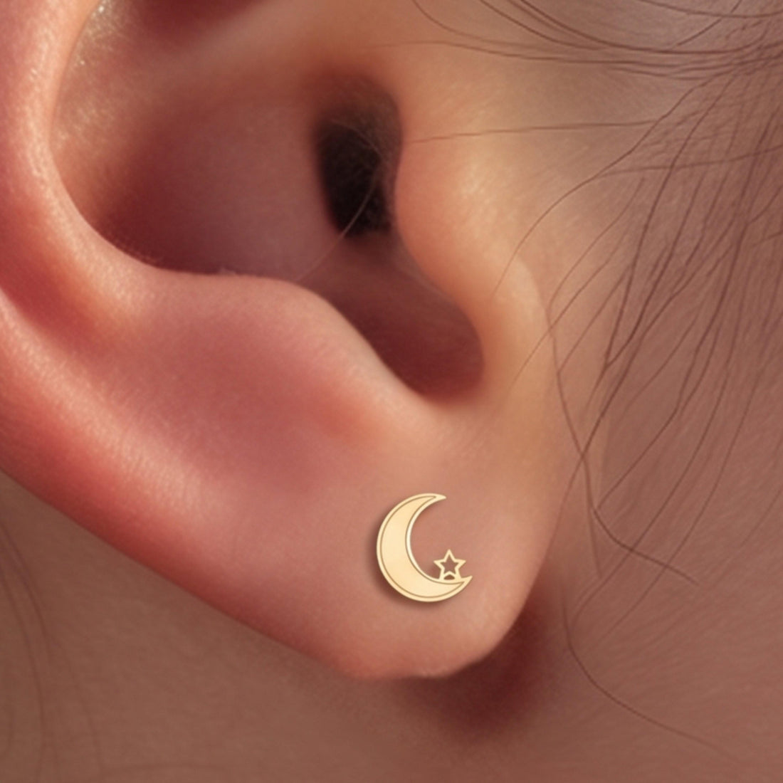 Crescent Moon Star Stud Earrings