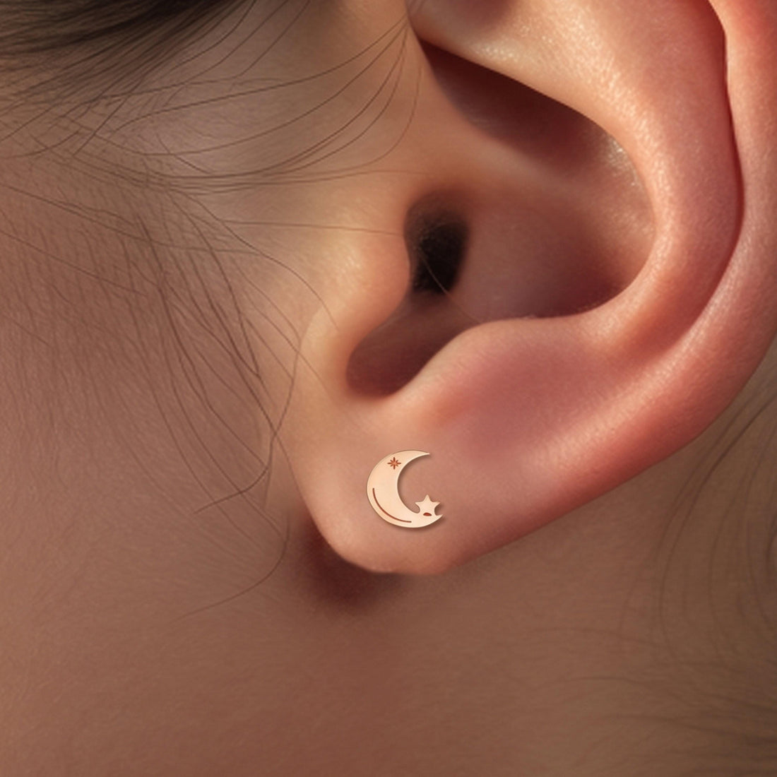 Crescent Moon Star Stud Earrings