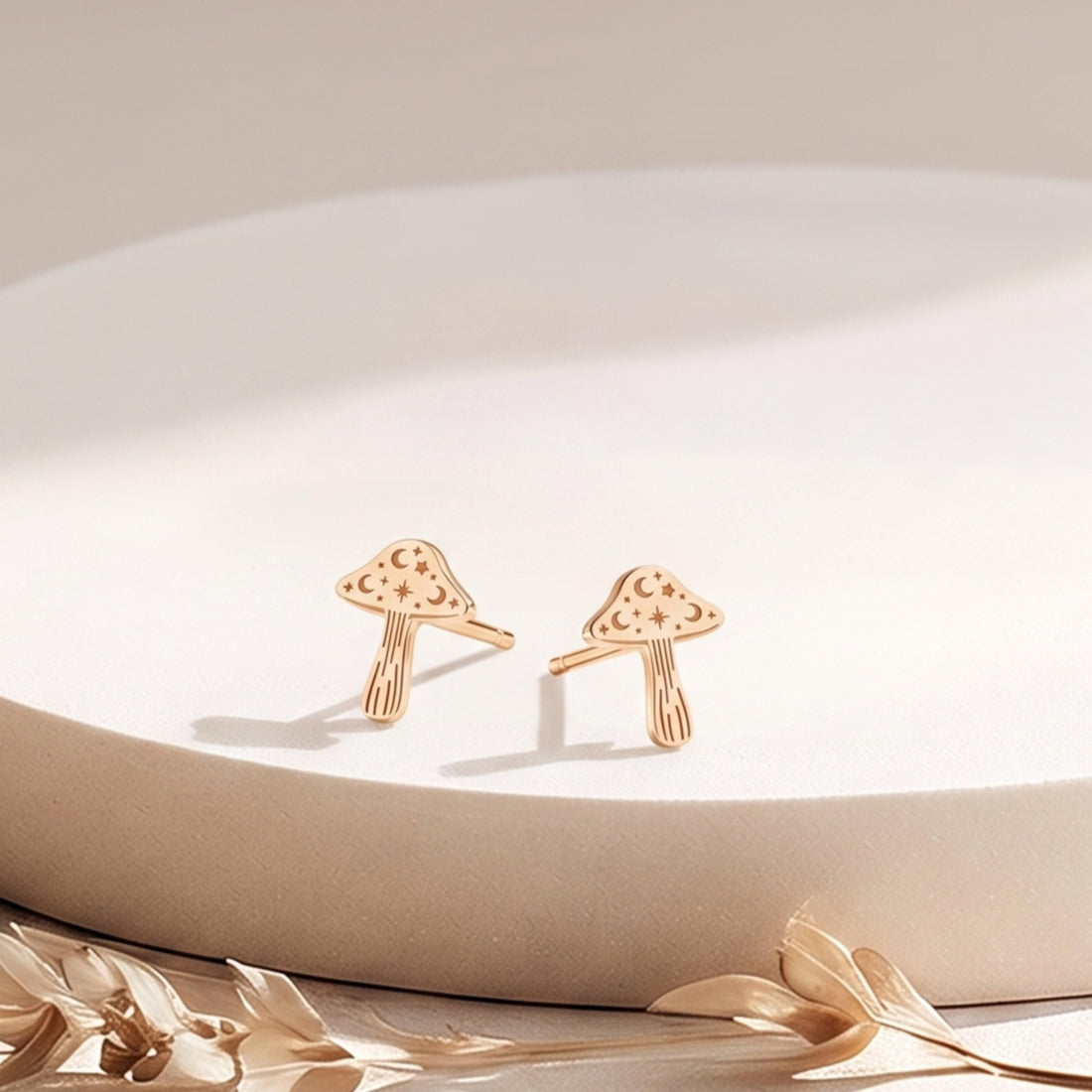 Moon Mushroom Charm Stud Earrings