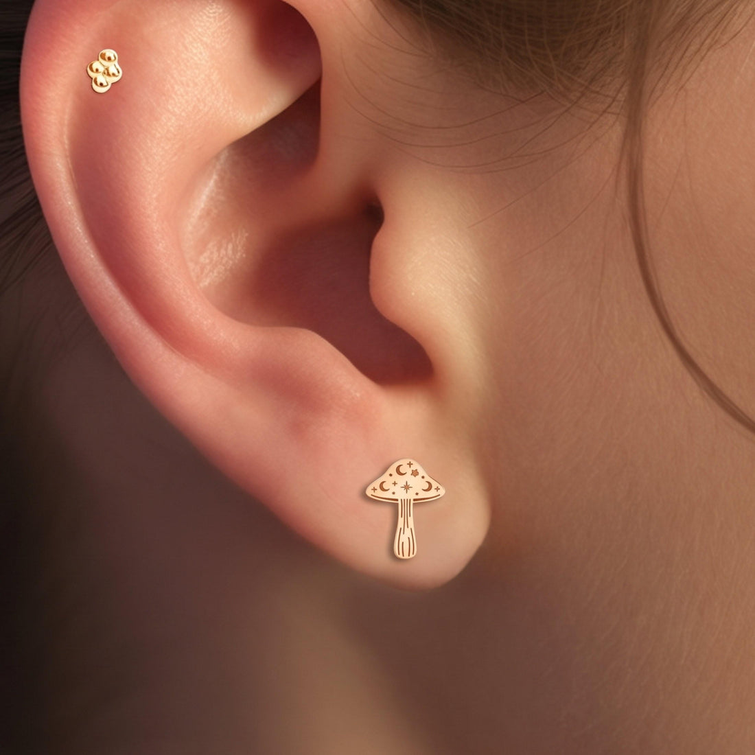 Moon Mushroom Charm Stud Earrings