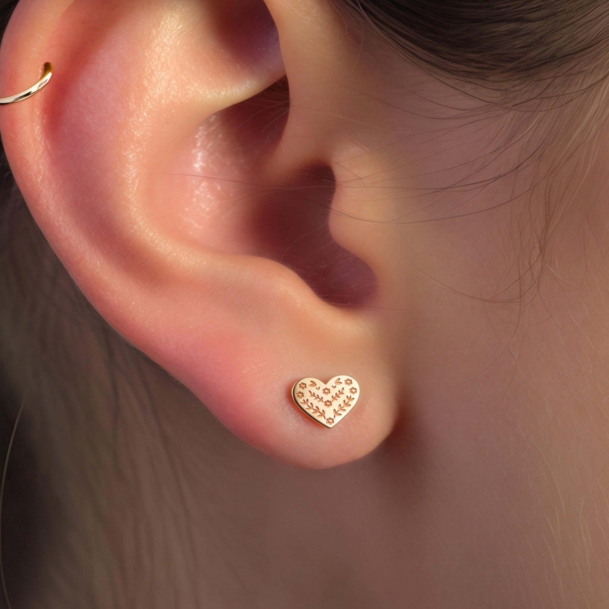 Floral Heart Sugar Skull Stud Earrings