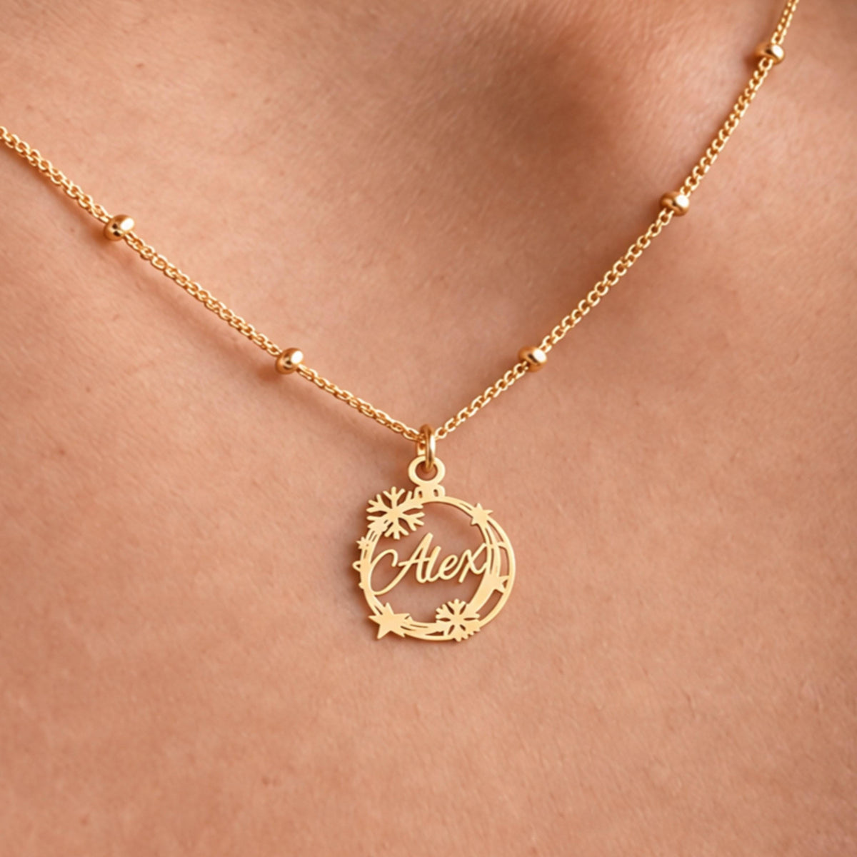 Snowflake Nameplate Charm Necklace