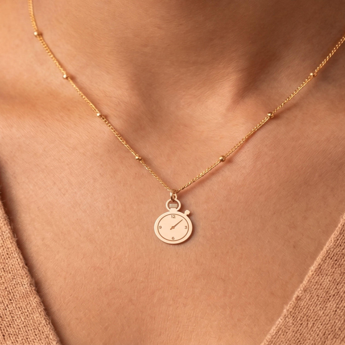Stopwatch Charm Beady Necklace