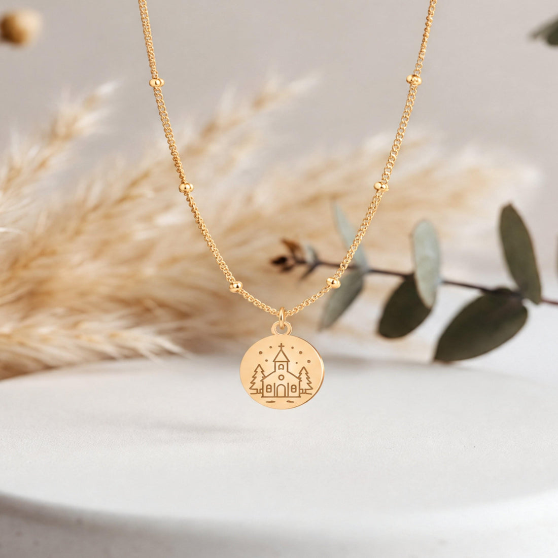Church Chapel Disc Charm Necklace