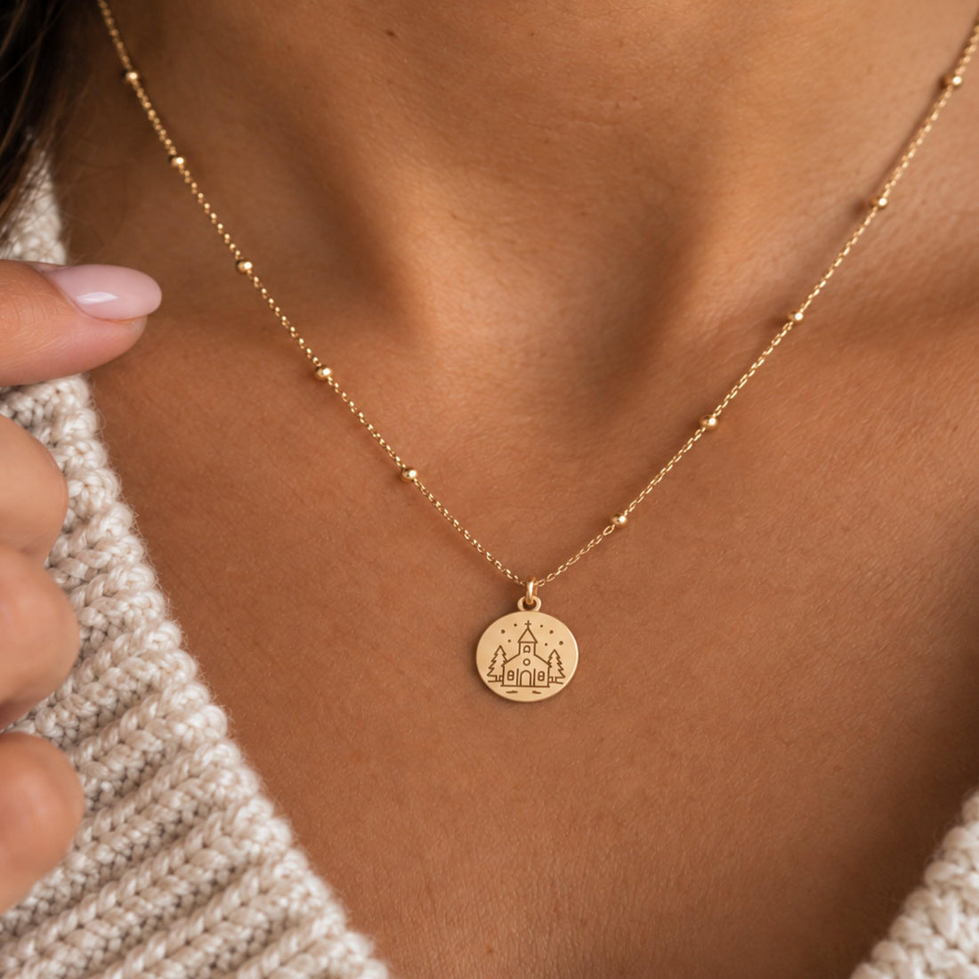 Church Chapel Disc Charm Necklace