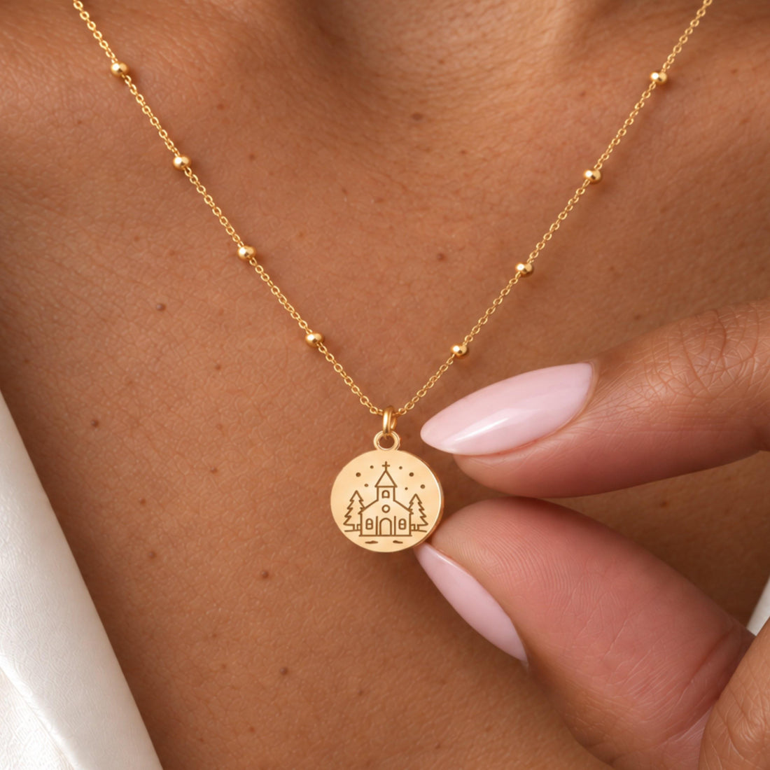 Church Chapel Disc Charm Necklace