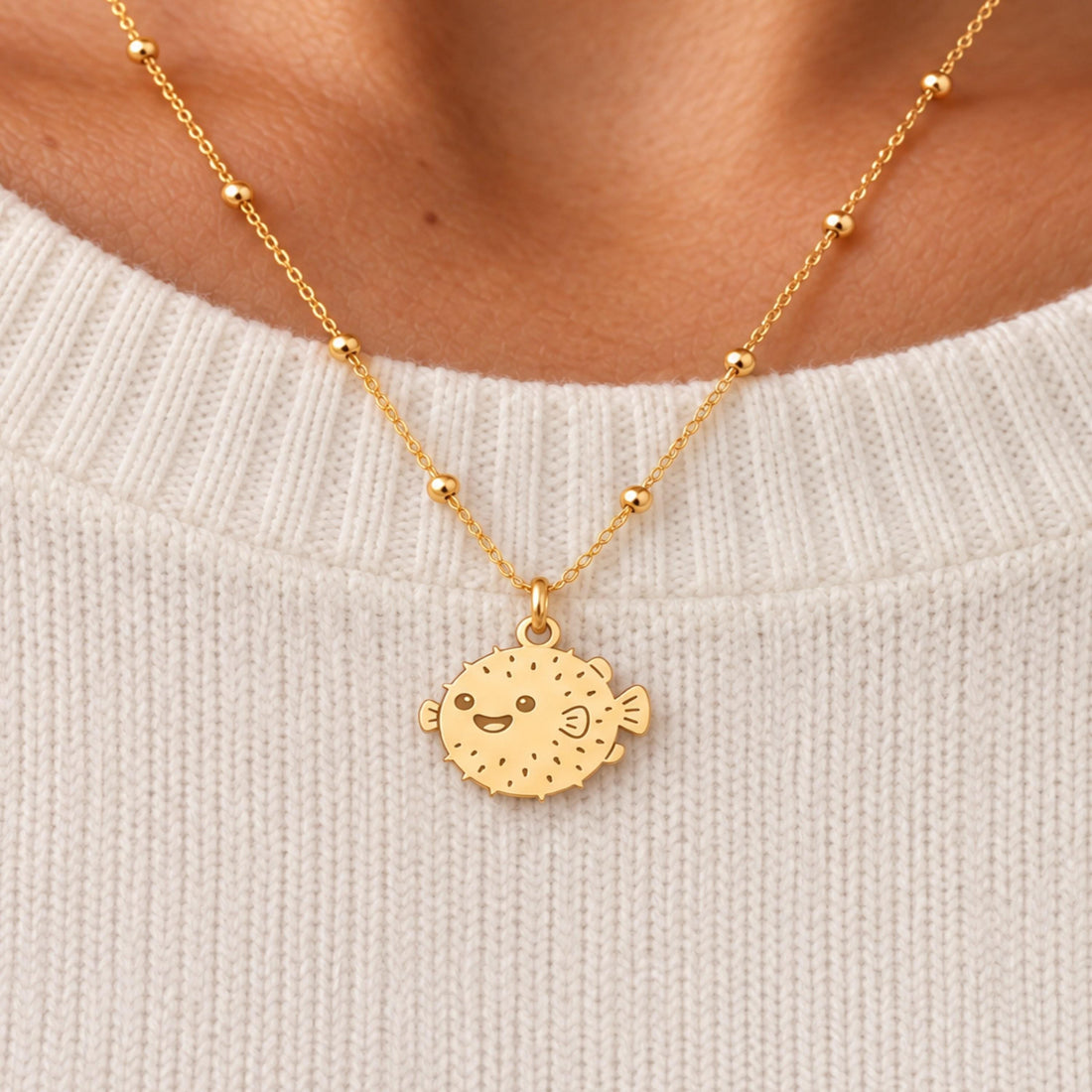 Smiling Pufferfish Charm Necklace